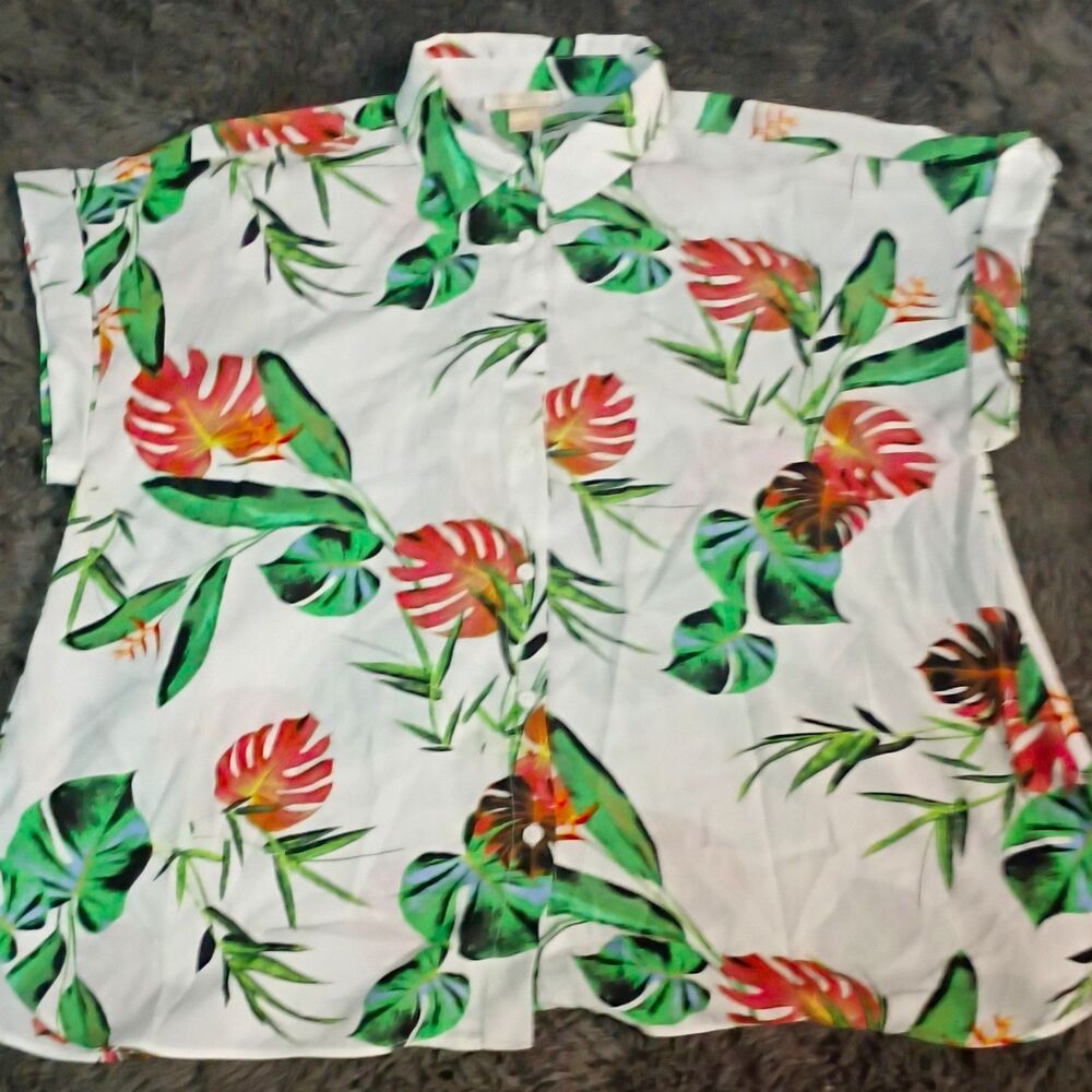 Finn & Grace  S White Green Orange Tropical Floral Short Sleeve Button-Up